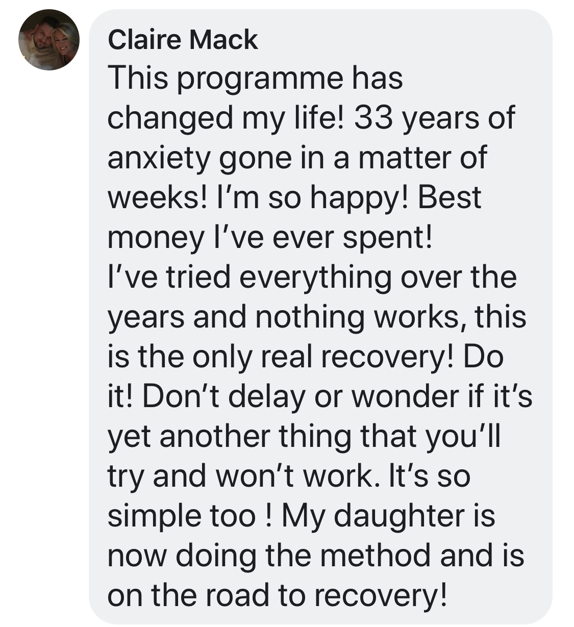 Real testimonial from a recovered client
